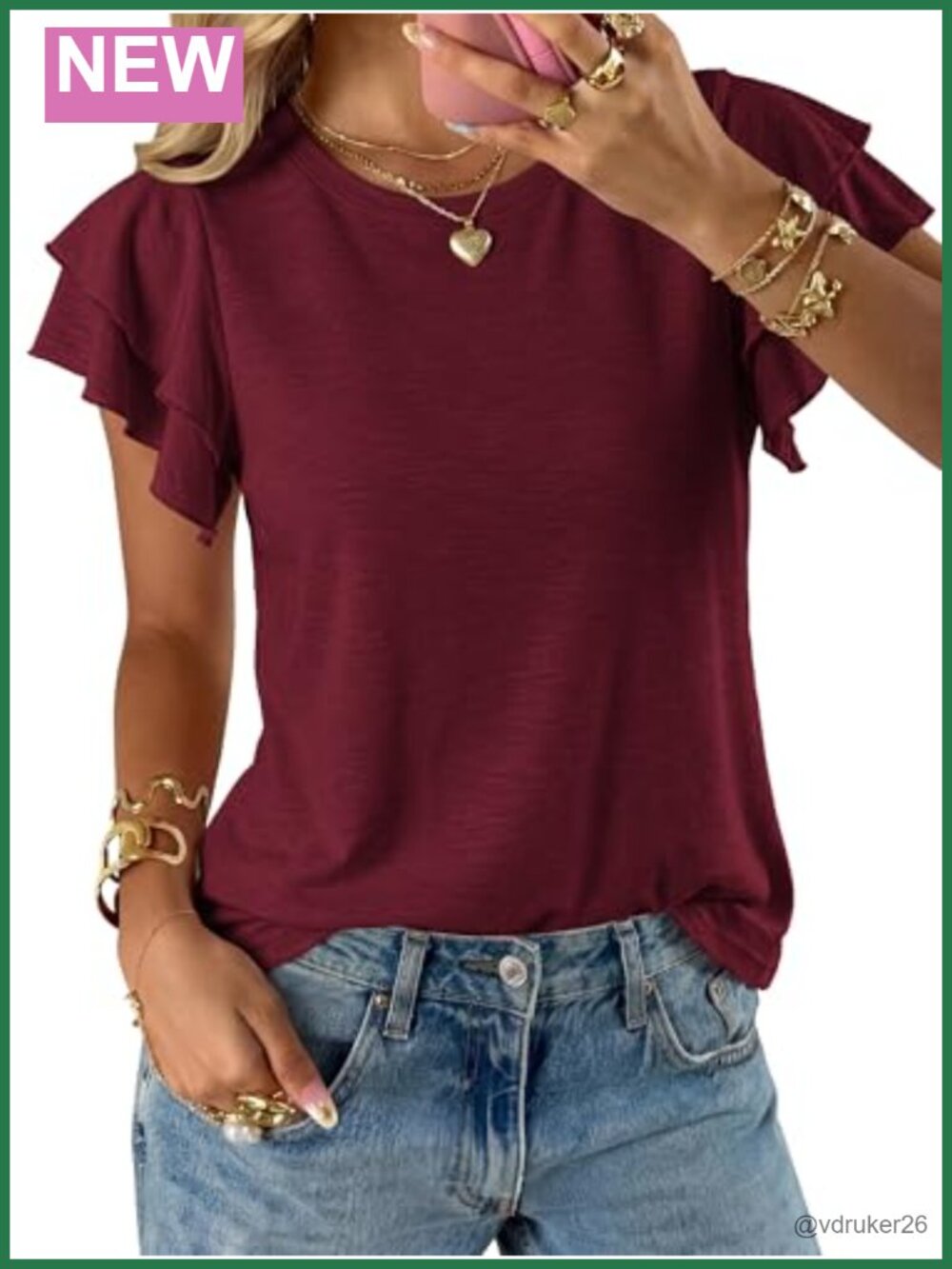 Ruffle Sleeve Crew Neck Loose Fit T-Shirt Womens Casual Summer Top